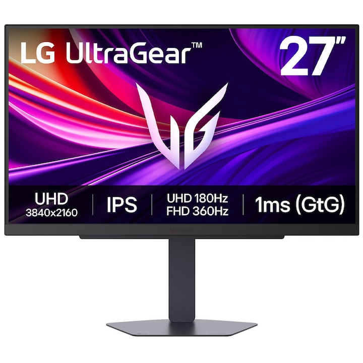 Monitor Gaming LG UltraGear™ 27G810A-B, 27", 4K UHD (3840 x 2160), IPS, 180Hz, 1ms GtG, DisplayHDR™ 400, AMD FreeSync™ Premium, compatibil NVIDIA G-Sync™, VRR, Flicker Safe, HDR10, Dynamic Action Sync, HDMI, DisplayPort, USB 3.0, Pivot, VESA, Negru